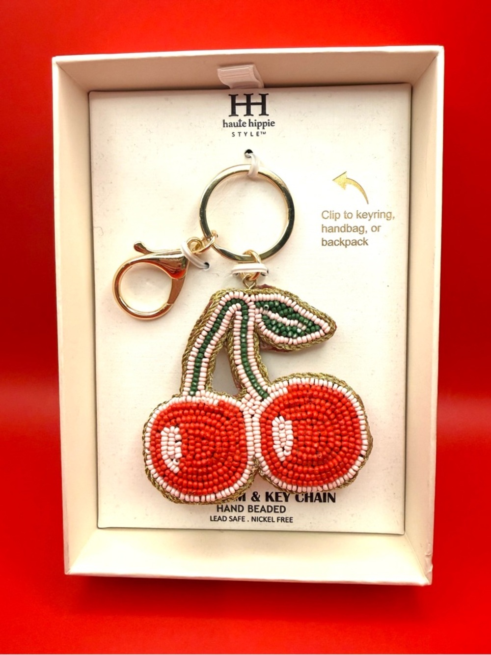 Haute Hippie Viral Red Beaded Cherry Key & Bag Charm